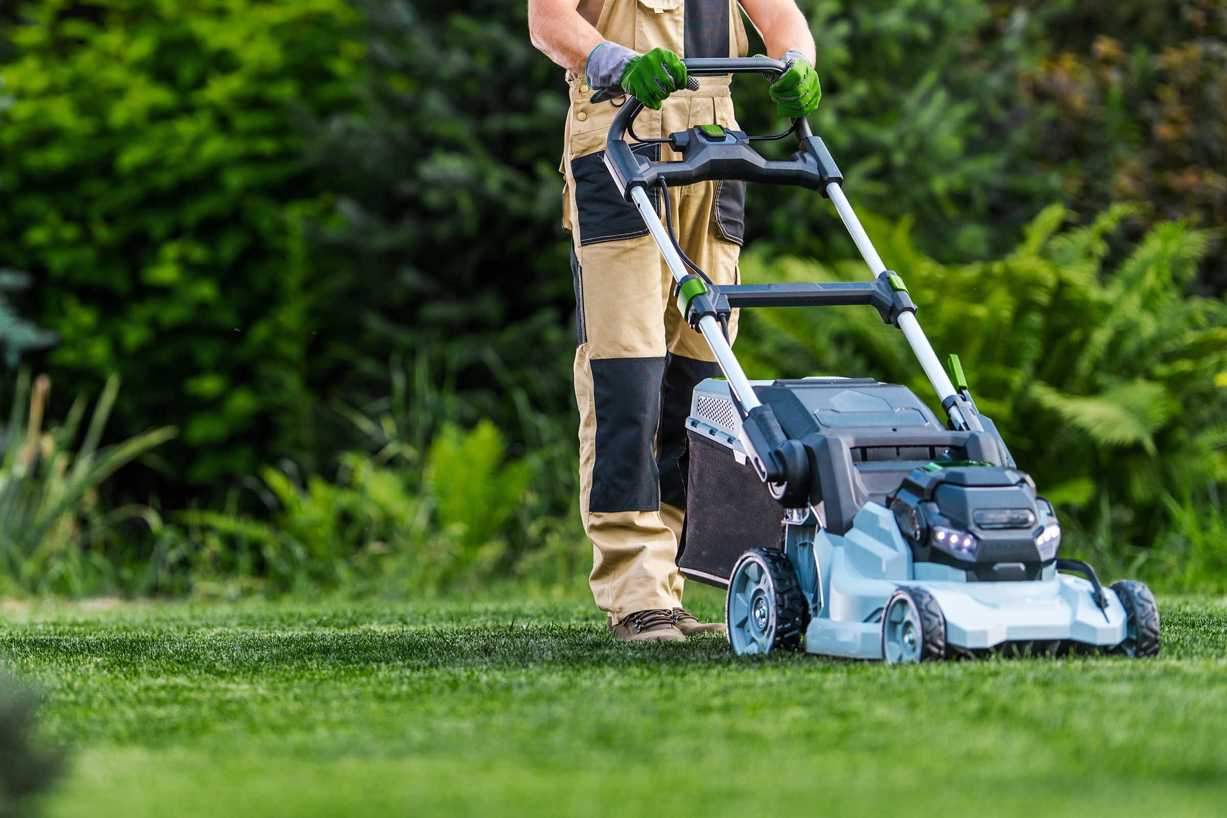 Gardener trimming lawn grass using electric trimmer